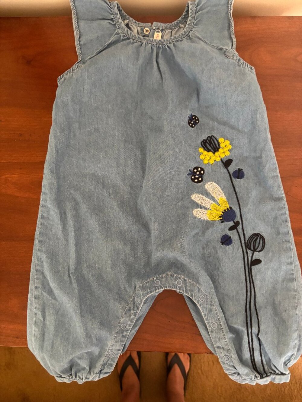 Catimini French Designer Light Weight Denim Jumpsuit with Embroidered Flowers
